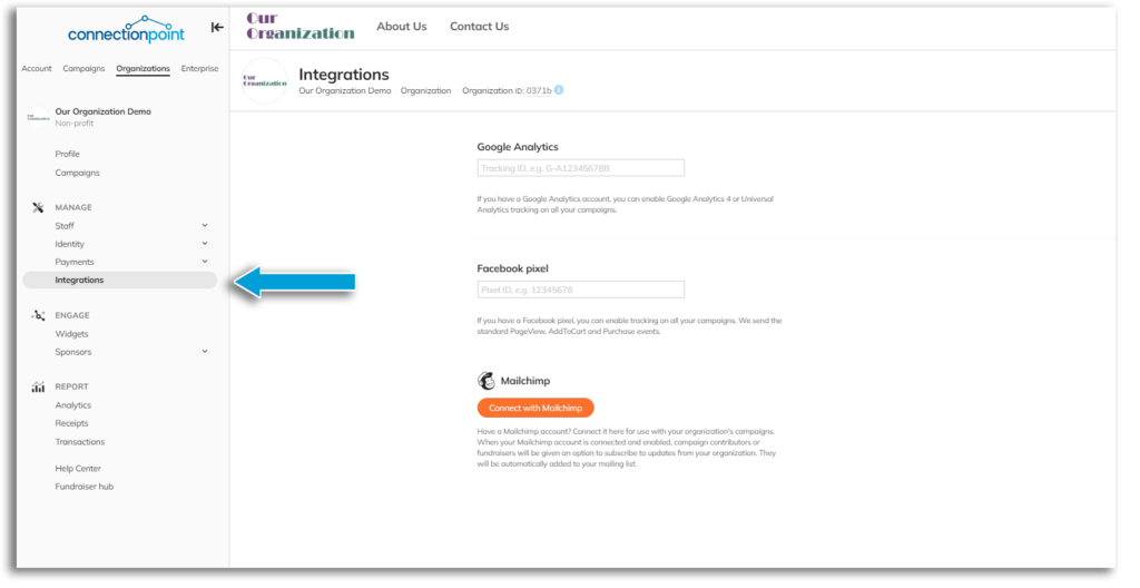 Screenshot of the platform Integrations menu, showing where professional crowdfunders can link Google Analytics, Facebook pixel, and Mailchimp