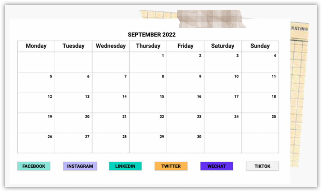 Example of a social media calendar for crowdfunding campaign promotion. This is a simple calendar with a colour-coded key for which posts are on which social media platform.