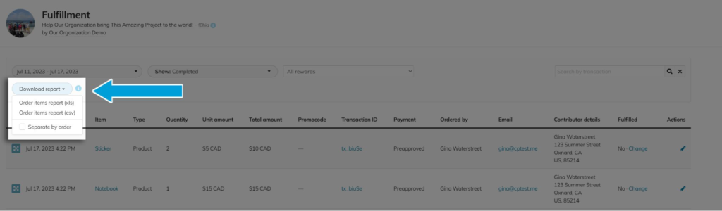 Screenshot of a campaign Fulfillment menu, highlight the 'download report' button