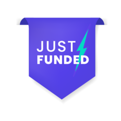 Campaign sticker that reads "Just funded"