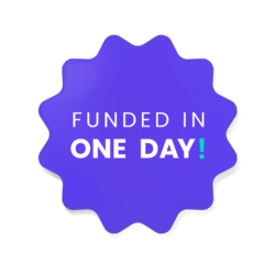 Campaign sticker that reads "Funded in one day!"