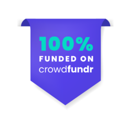 Campaign sticker that reads "100% funded on Crowdfundr"